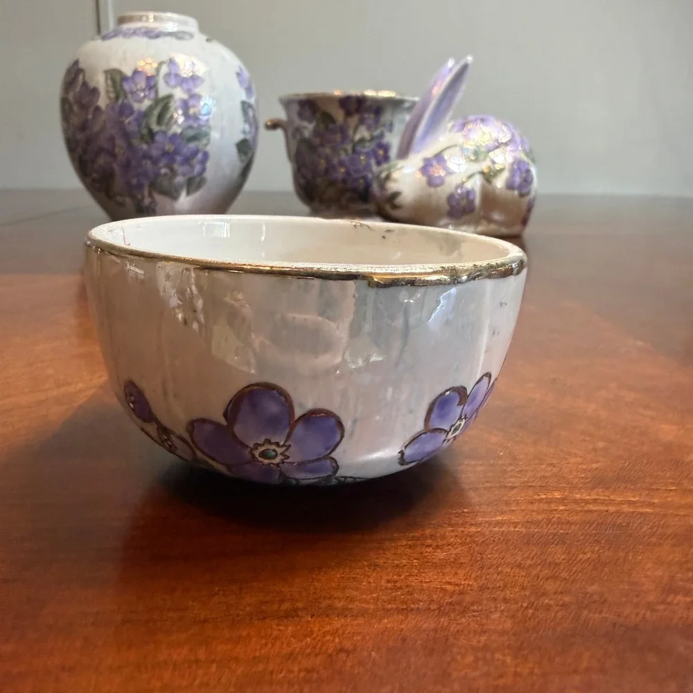 Purple‎ Floral Ceramic Decor Set  Vase Rabbit Egg Gold Trim Chinoiserie